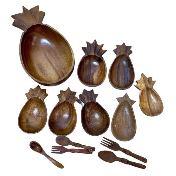 Vintage‎ Monkey Pod Pineapple Shape Wooden Bowls Hawaii Set Of 13 Alii Mid 1970s - Picture 1 of 6